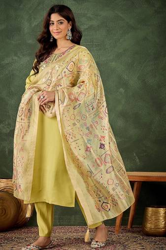 Light-yellow premium designer festive wear readymade suit