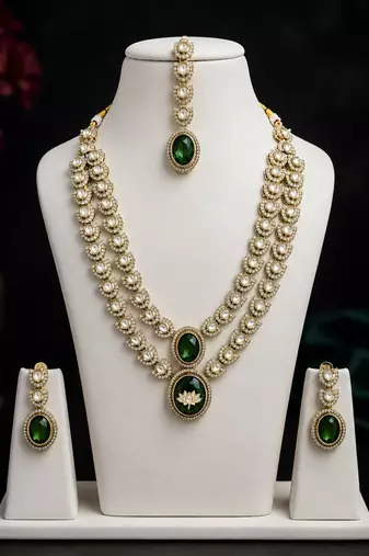 Double Layer Green Kundan Bridal Necklace earring maangtikka Jewellery Set