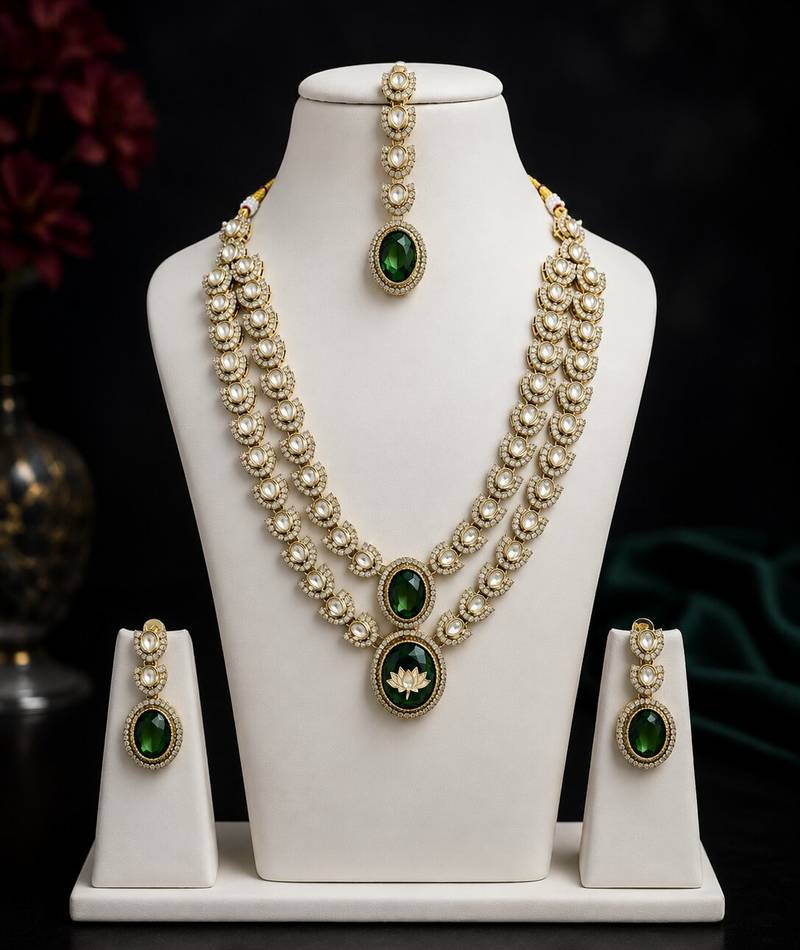 Double Layer Green Kundan Bridal Necklace earring maangtikka Jewellery Set