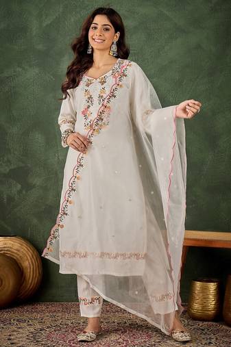 White premium designer festive wear readymade suit