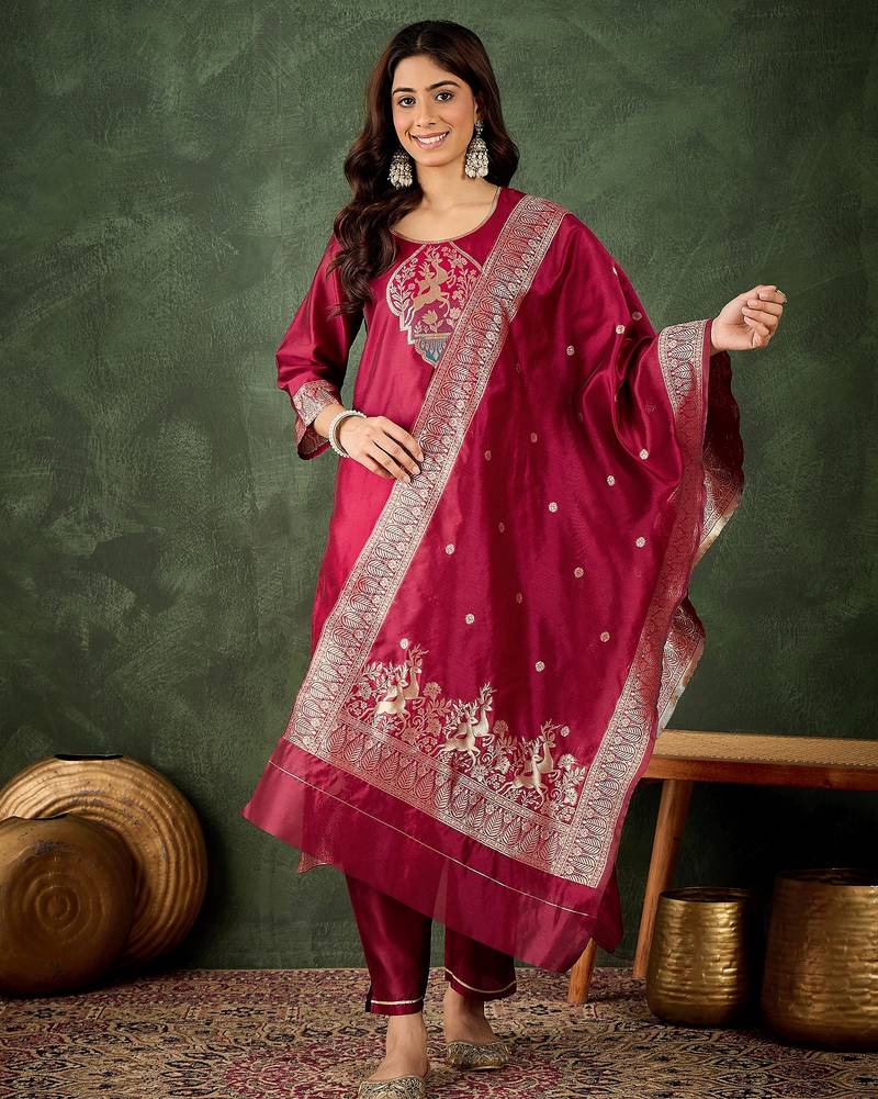 Raspberry premium designer festive wear readymade suit