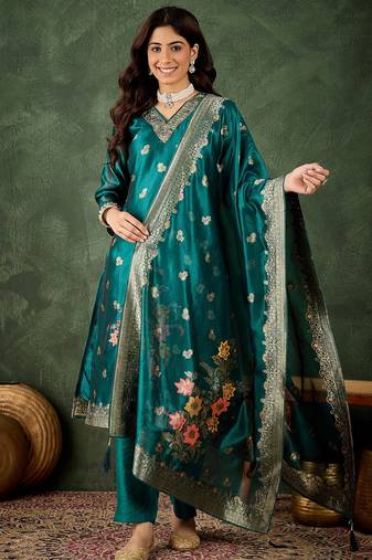 Sea-green premium designer festive wear readymade suit