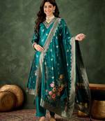 Sea-green premium designer festive wear readymade suit