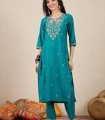 Sea-green premium designer festive wear readymade suit