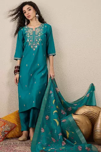 Sea-green premium designer festive wear readymade suit