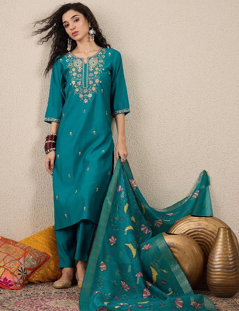 Sea-green premium designer festive wear readymade suit