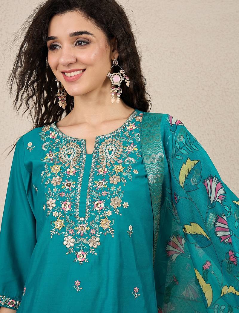 Sea-green premium designer festive wear readymade suit