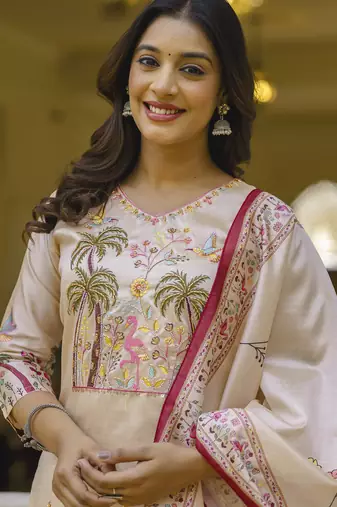 Cream premium designer festive wear readymade suit