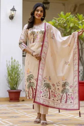 Cream premium designer festive wear readymade suit