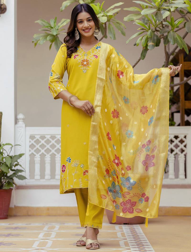 Yellow premium designer festive wear readymade suit