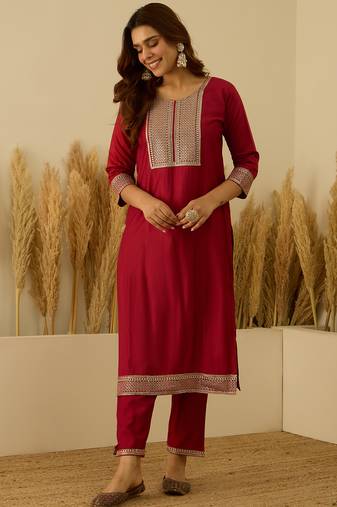 Red premium designer festive wear readymade suit