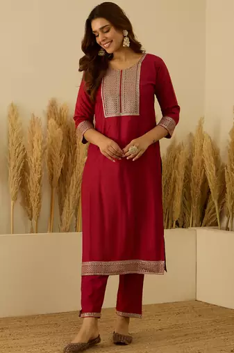 Red premium designer festive wear readymade suit