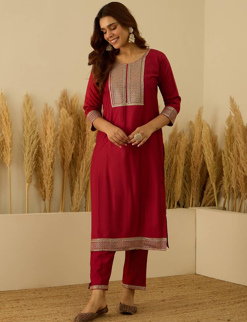 Red premium designer festive wear readymade suit