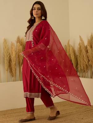 Red premium designer festive wear readymade suit 3