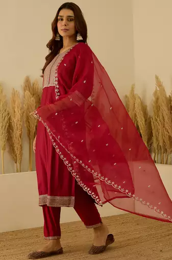 Red premium designer festive wear readymade suit
