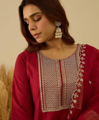 Red premium designer festive wear readymade suit 4