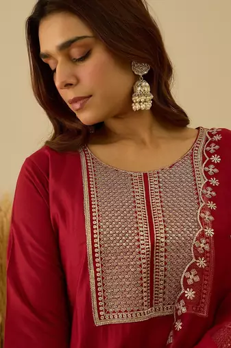Red premium designer festive wear readymade suit