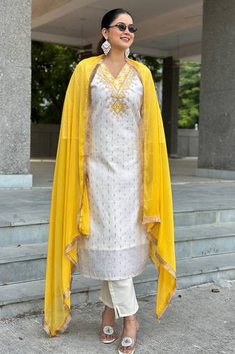 White premium designer festive wear readymade suit