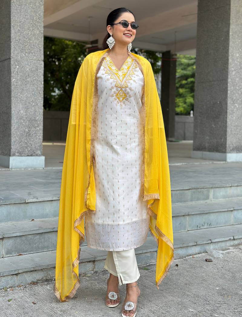 White premium designer festive wear readymade suit