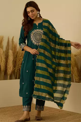 Teal premium designer festive wear readymade suit