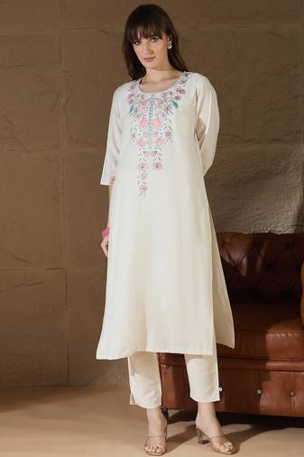 White premium designer festive wear readymade suit