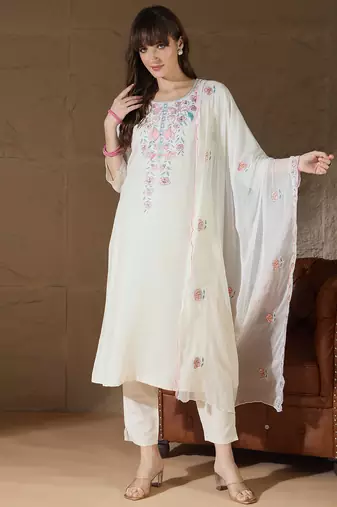 White premium designer festive wear readymade suit