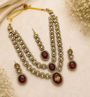 Double layer Maroon Kundan Bridal Necklace earring maangtikka Jewellery Set for wedding festival 1