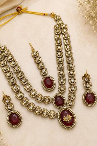 Double layer Maroon Kundan Bridal Necklace earring maangtikka Jewellery Set for wedding festival