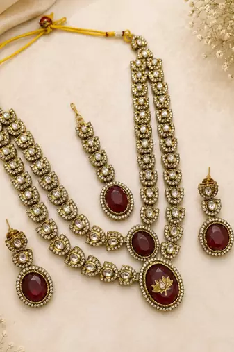 Double layer Maroon Kundan Bridal Necklace earring maangtikka Jewellery Set for wedding festival
