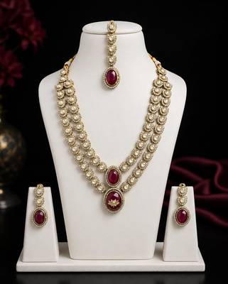 Double layer Maroon Kundan Bridal Necklace earring maangtikka Jewellery Set for wedding festival 2