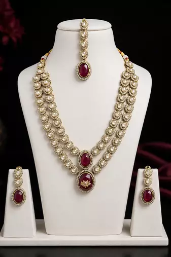 Double layer Maroon Kundan Bridal Necklace earring maangtikka Jewellery Set for wedding festival