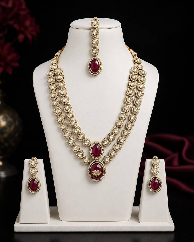 Double layer Maroon Kundan Bridal Necklace earring maangtikka Jewellery Set for wedding festival