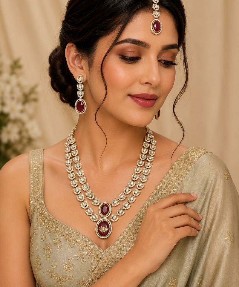 Double layer Maroon Kundan Bridal Necklace earring maangtikka Jewellery Set for wedding festival