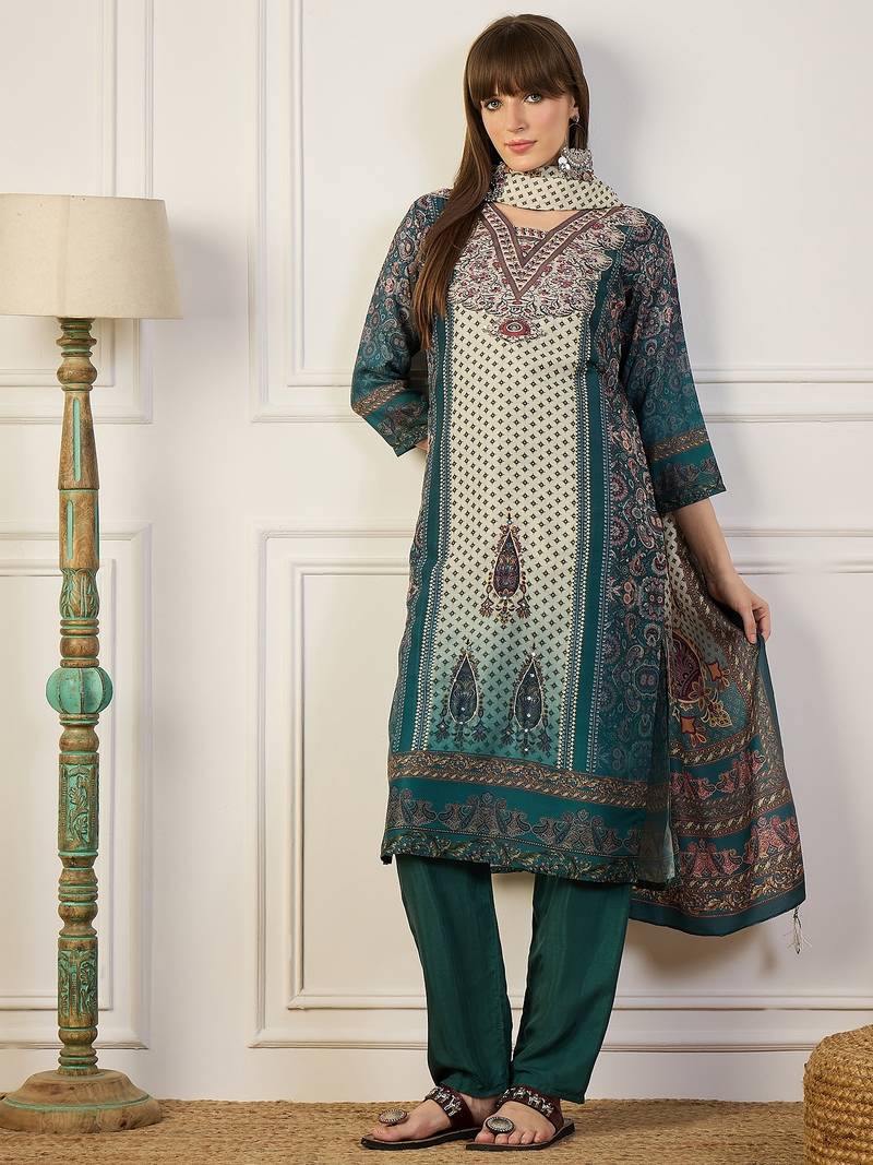 Teal premium designer festive wear readymade suit