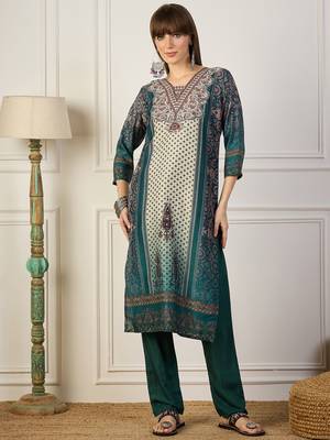 Teal premium designer festive wear readymade suit 3