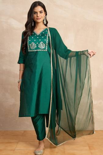 Dark-green premium designer festive wear readymade suit