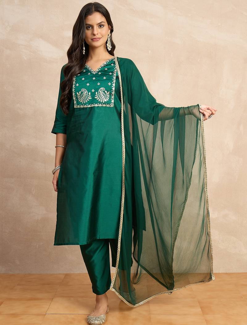 Dark-green premium designer festive wear readymade suit