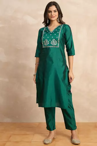 Dark-green premium designer festive wear readymade suit