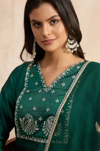 Dark-green premium designer festive wear readymade suit
