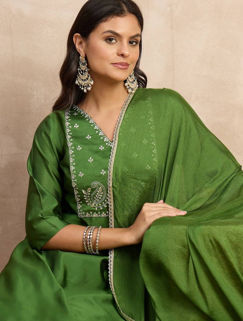 Light-green premium designer festive wear readymade suit