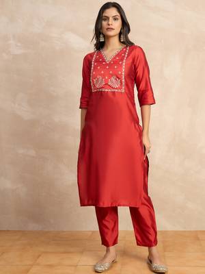 Red premium designer festive wear readymade suit 1