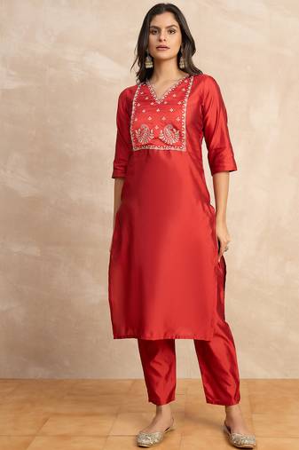 Red premium designer festive wear readymade suit