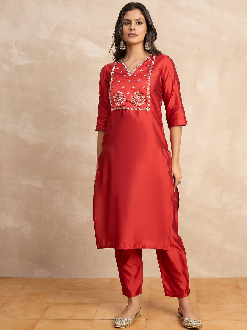 Red premium designer festive wear readymade suit