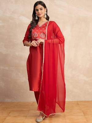 Red premium designer festive wear readymade suit 2