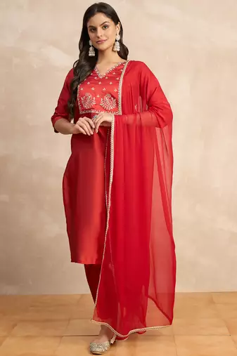 Red premium designer festive wear readymade suit