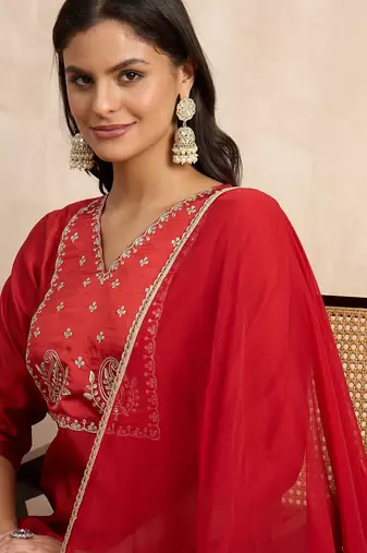 Red premium designer festive wear readymade suit