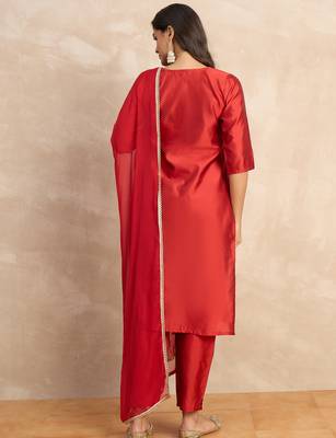 Red premium designer festive wear readymade suit 4