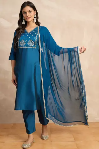 Teal premium designer festive wear readymade suit