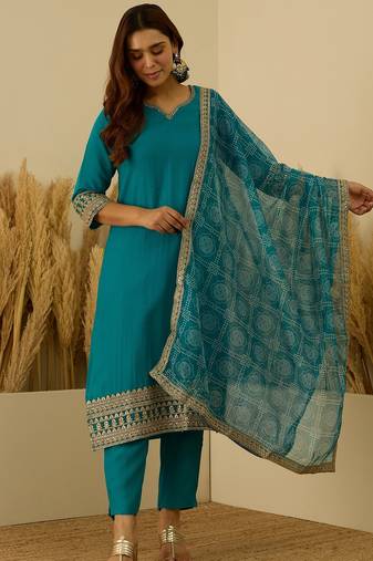 Sea-green premium designer festive wear readymade suit