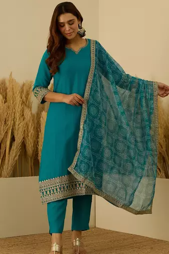 Sea-green premium designer festive wear readymade suit